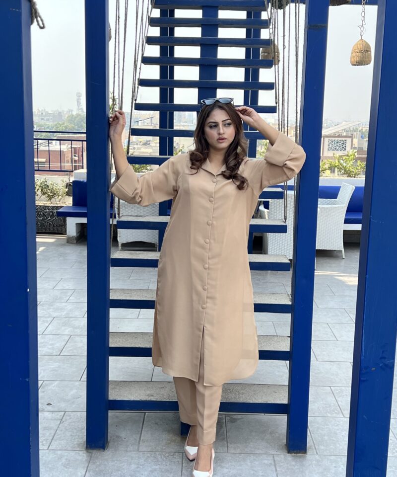 georgette coord set with open shirt design, collar and cuff detail, paired with women’s straight fit pants – semi formal and workwear outfit