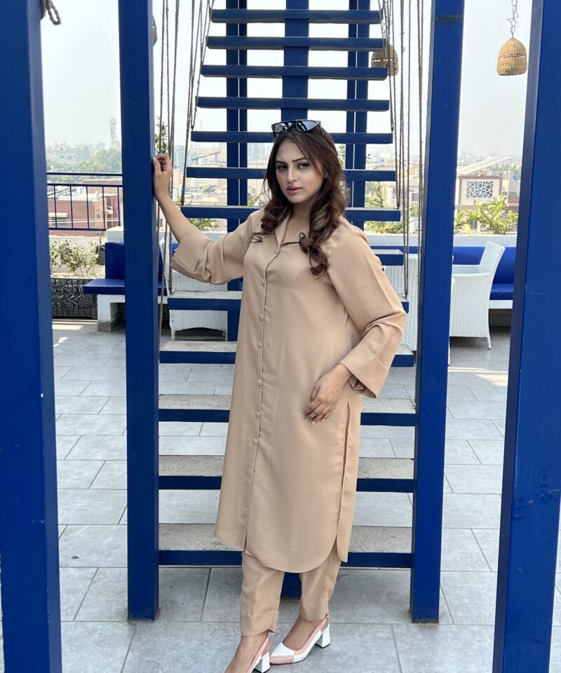 georgette coord set with open shirt design, collar and cuff detail, paired with women’s straight fit pants – semi formal and workwear outfit