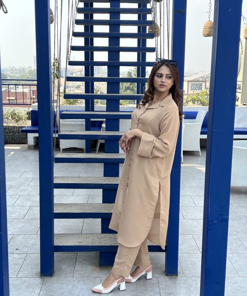 georgette coord set with open shirt design, collar and cuff detail, paired with women’s straight fit pants – semi formal and workwear outfit