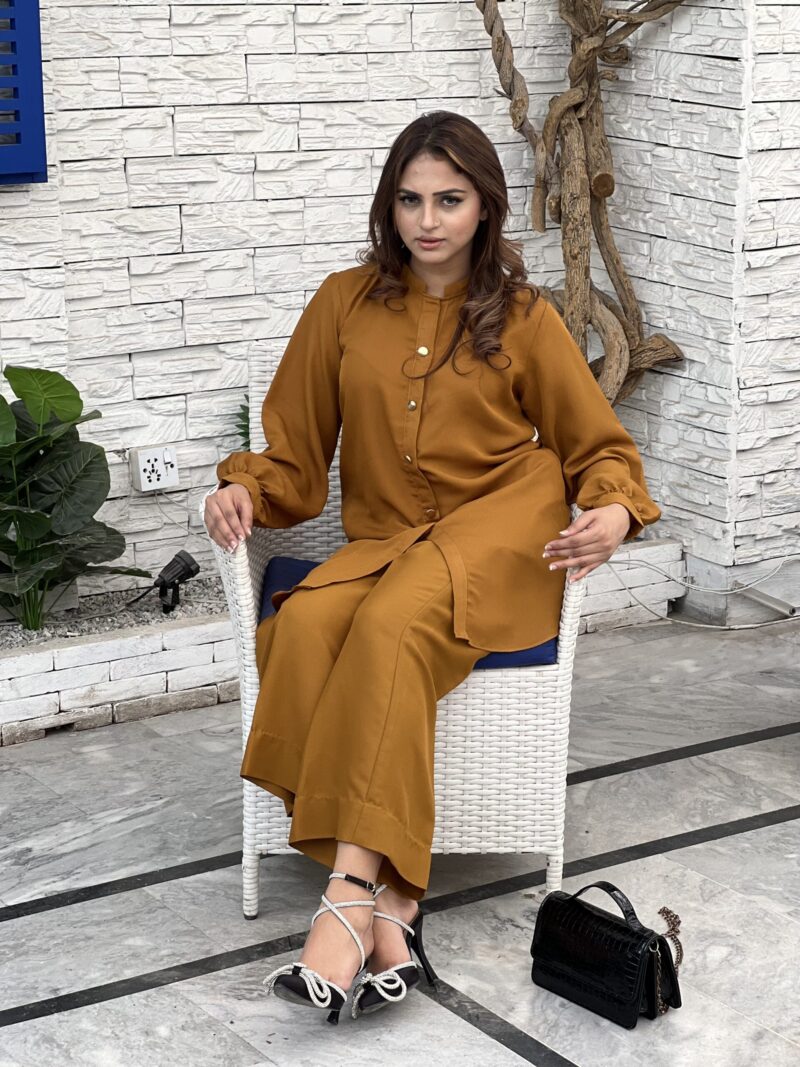 Mustard crepe georgette suit – two-piece outfit with long shirt and straight trousers for women’s festive and casual wear