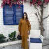 Mustard crepe georgette suit – two-piece outfit with long shirt and straight trousers for women’s festive and casual wear