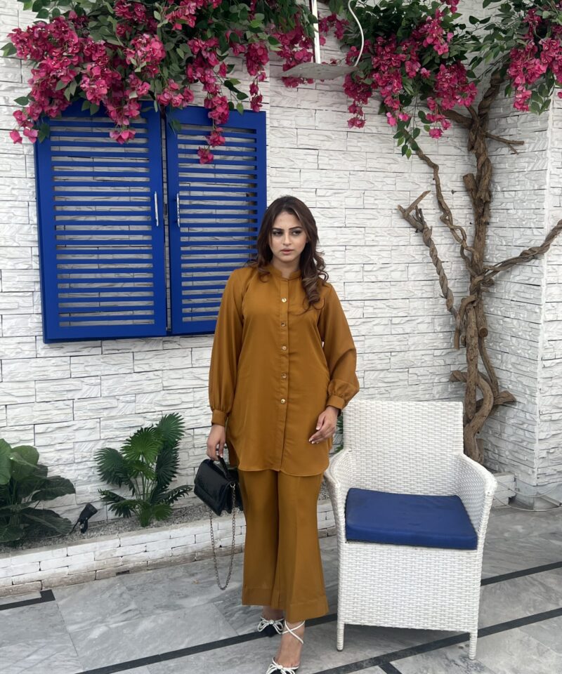 Mustard crepe georgette suit – two-piece outfit with long shirt and straight trousers for women’s festive and casual wear
