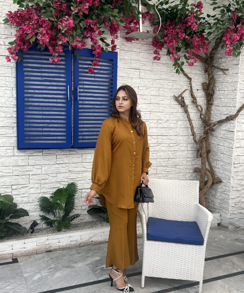 Mustard crepe georgette suit – two-piece outfit with long shirt and straight trousers for women’s festive and casual wear