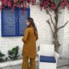 Mustard crepe georgette suit – two-piece outfit with long shirt and straight trousers for women’s festive and casual wear