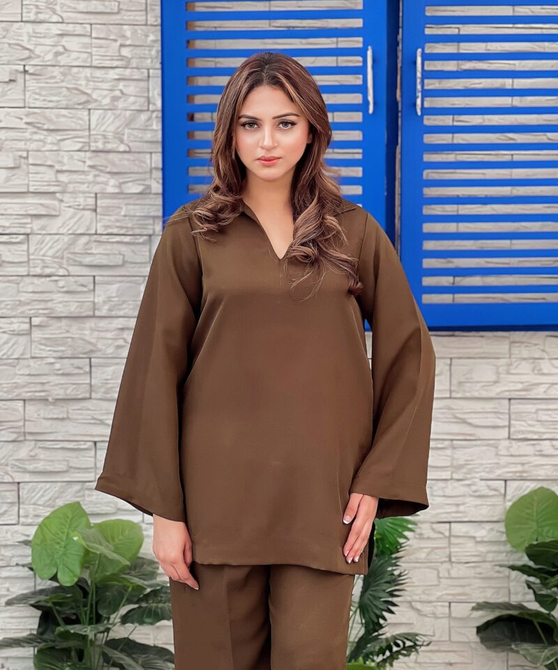 olive green co ord set for women in triple georgette – elegant semi formal outfit