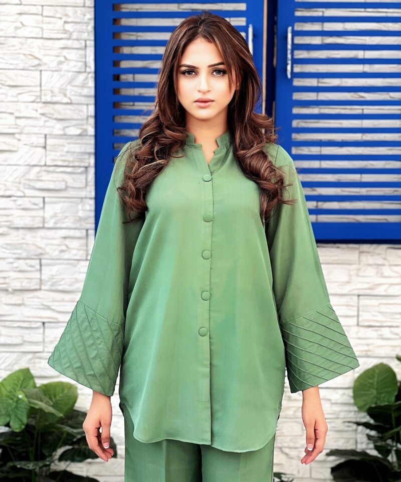 2-piece green color dress in crepe – formal dress for wedding party