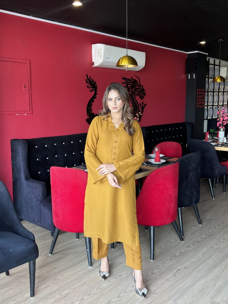 Mustard crepe georgette suit – two-piece outfit with long shirt and straight trousers for women’s festive and casual wear