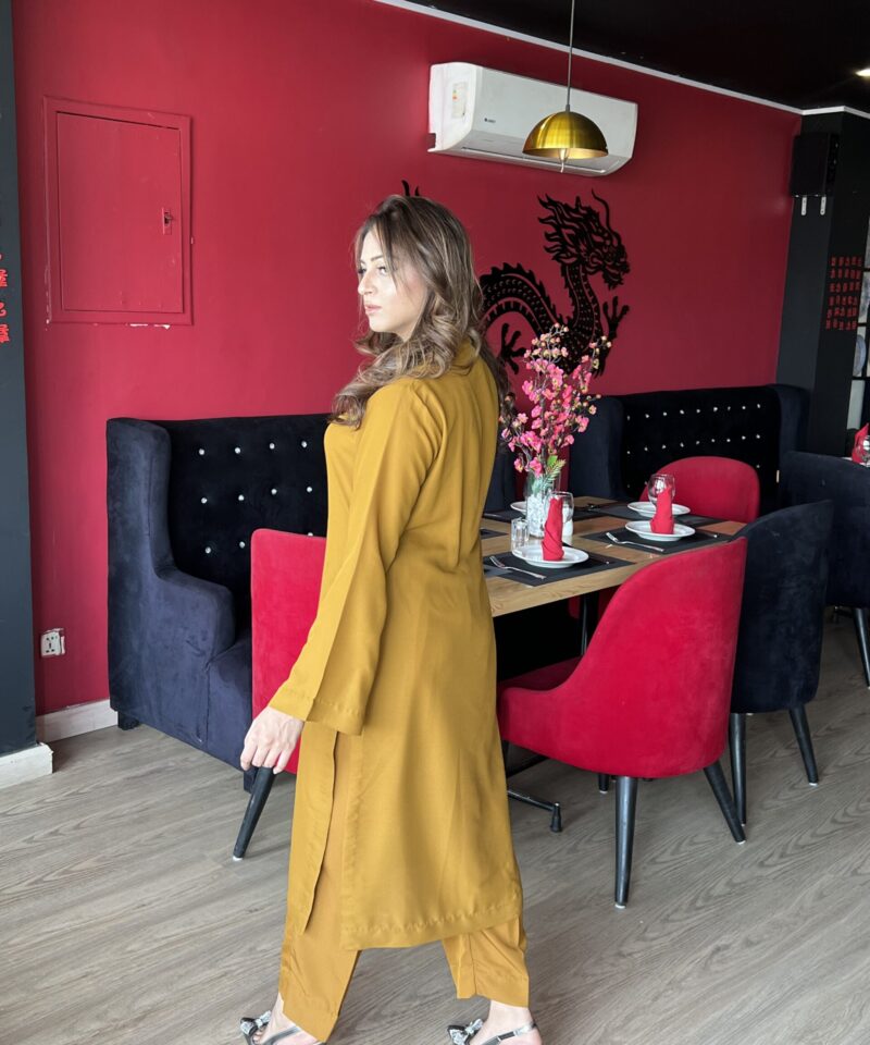 Mustard crepe georgette suit – two-piece outfit with long shirt and straight trousers for women’s festive and casual wear