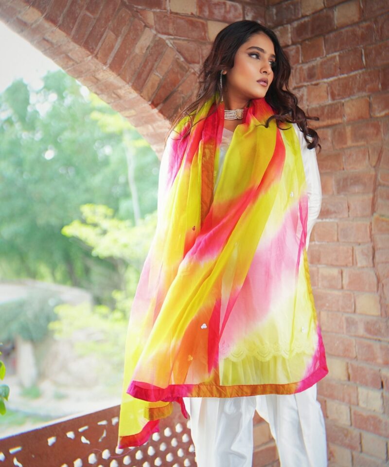 Women's farshi shalwar set with embellished shirt featuring cutdana work and tie-dye dupatta – formal ethnic outfit