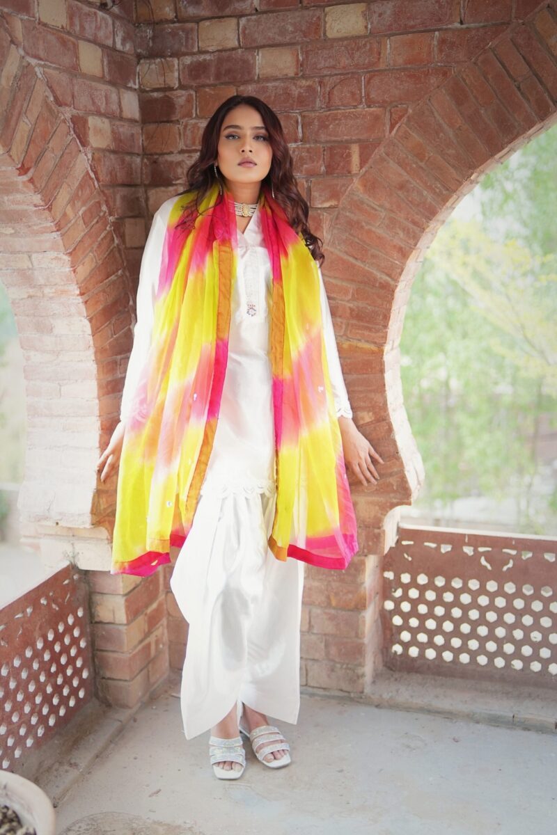 Women's farshi shalwar set with embellished shirt featuring cutdana work and tie-dye dupatta – formal ethnic outfit