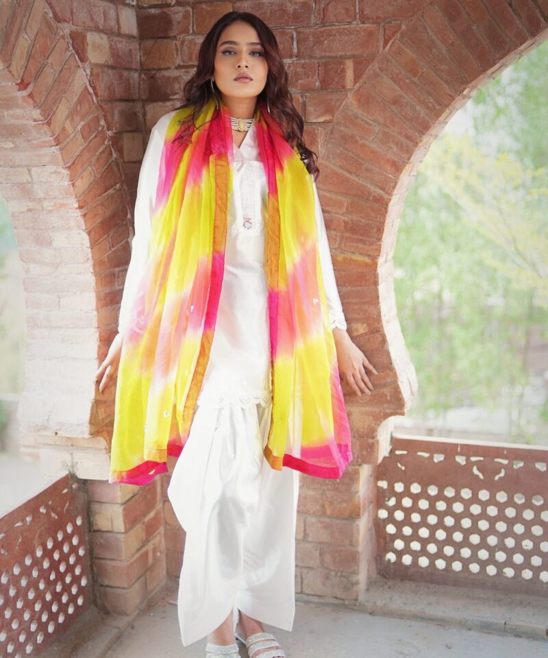 Women's farshi shalwar set with embellished shirt featuring cutdana work and tie-dye dupatta – formal ethnic outfit