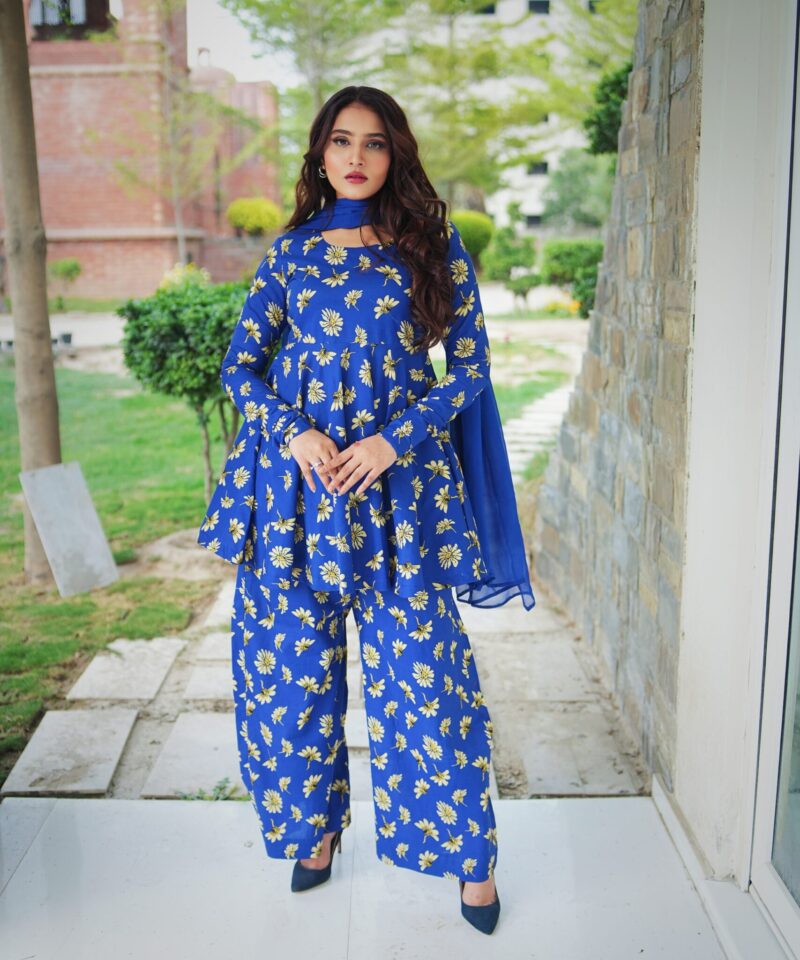 short peplum on printed lawn with flared palazzo and plain pure dupatta