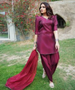 Maroon raw silk farshi shalwar for women, traditional ethnic formal dress ideal for festive events and cultural occasions