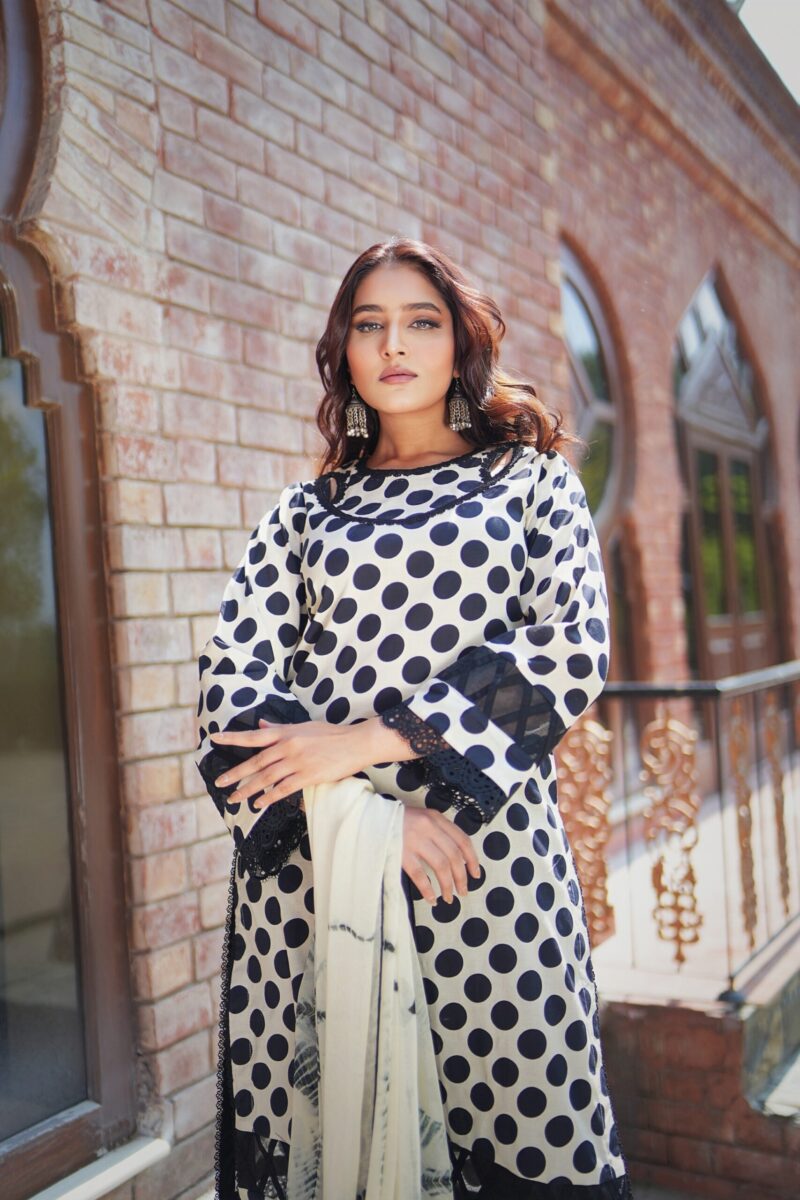 printed lawn shirt beautifully crafted with laces on with plain trousers along with pure tie and dye dupatta