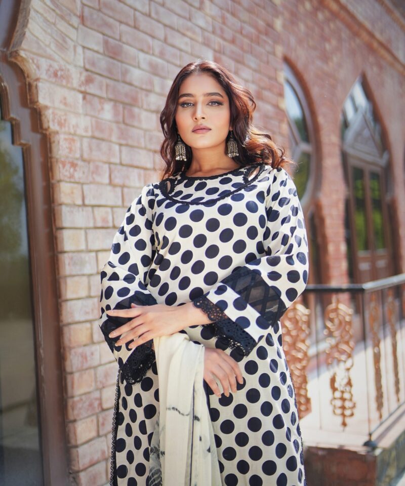 printed lawn shirt beautifully crafted with laces on with plain trousers along with pure tie and dye dupatta