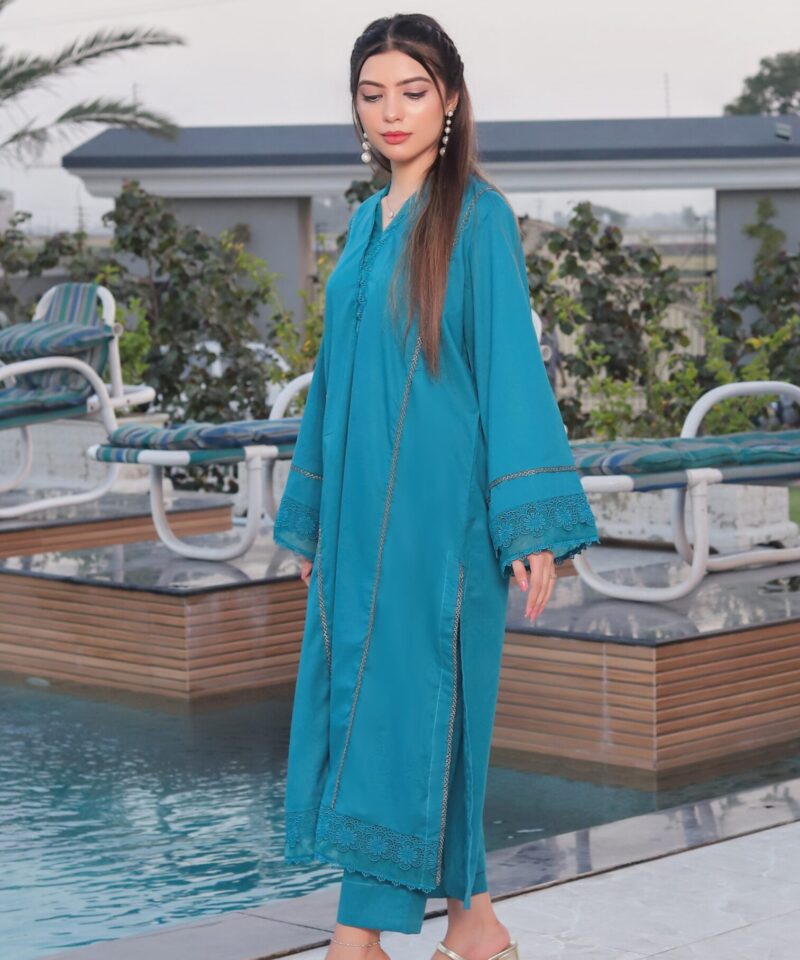 2 piece cotton suit for women with lace sleeves, daman work, embroidered neckline, and straight pant trousers