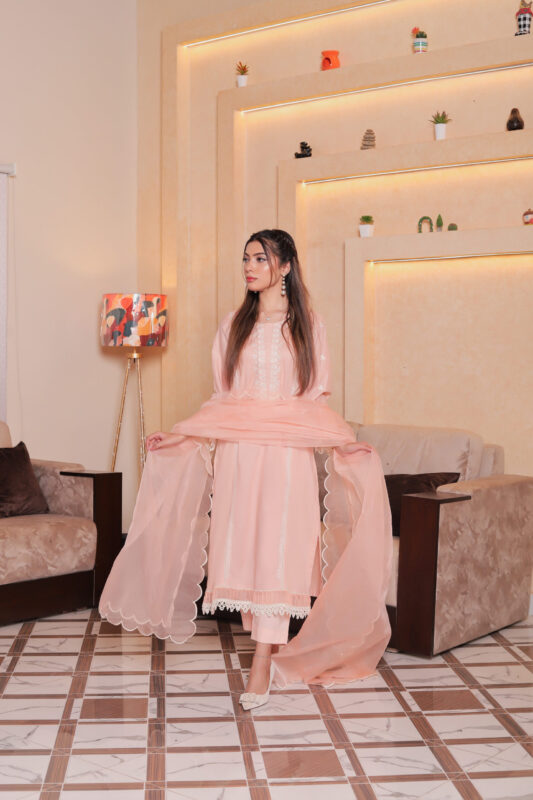 Peach embroidered lawn dress for women in smart casual style, comfortable and elegant outfit for everyday wear
