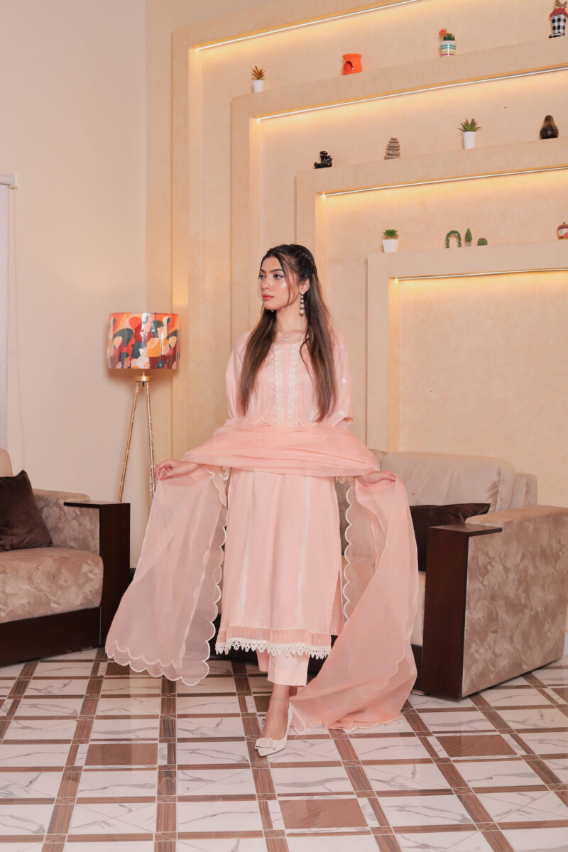Peach embroidered lawn dress for women in smart casual style, comfortable and elegant outfit for everyday wear