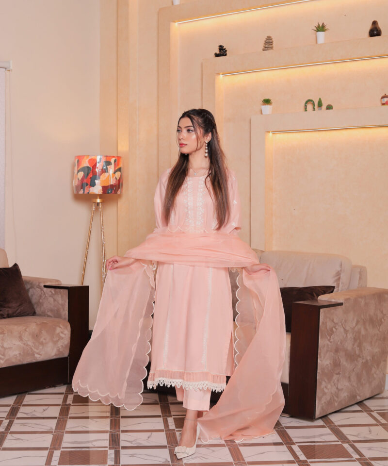 Peach embroidered lawn dress for women in smart casual style, comfortable and elegant outfit for everyday wear