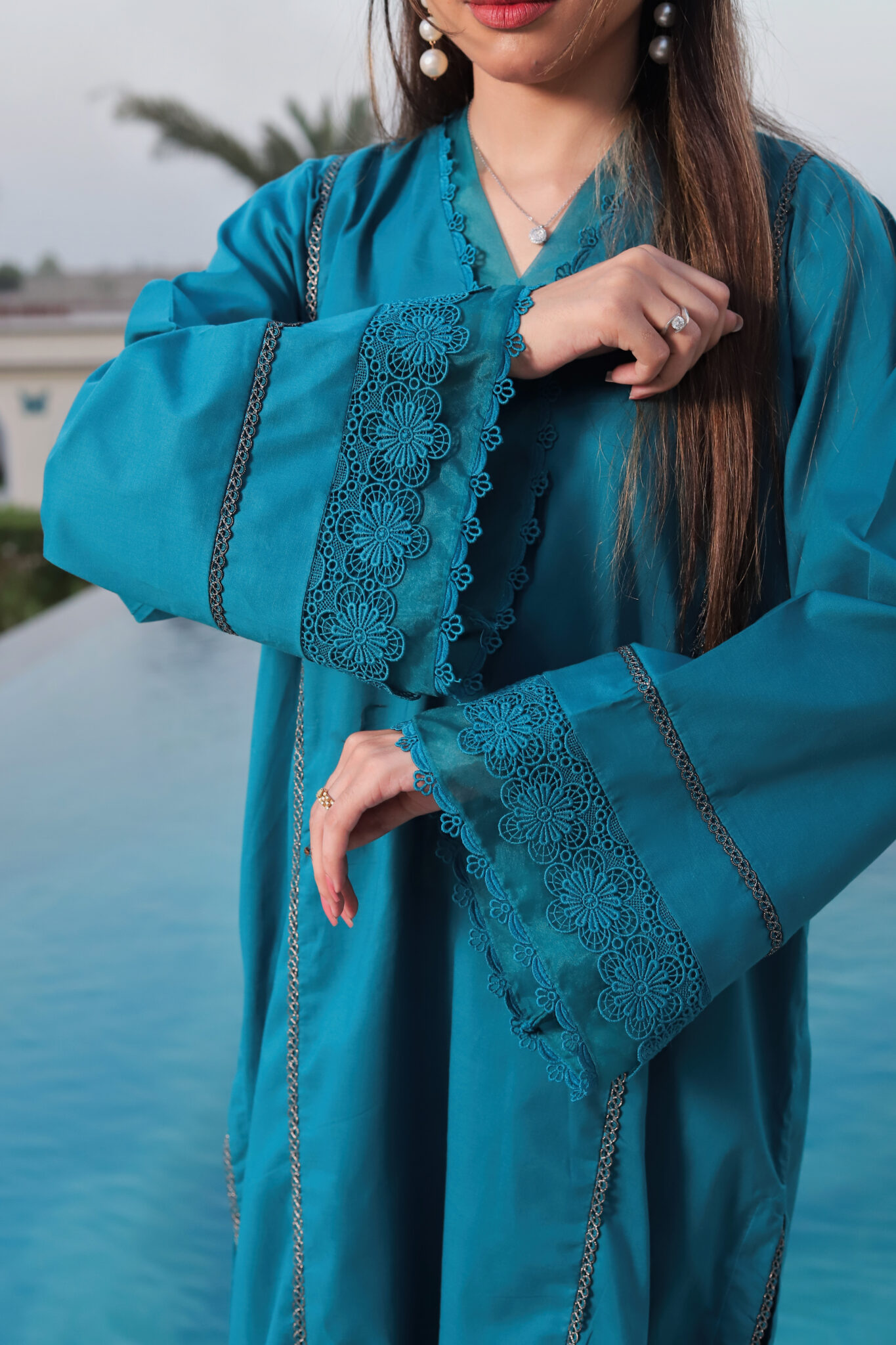 2 piece cotton suit for women with lace sleeves, daman work, embroidered neckline, and straight pant trousers