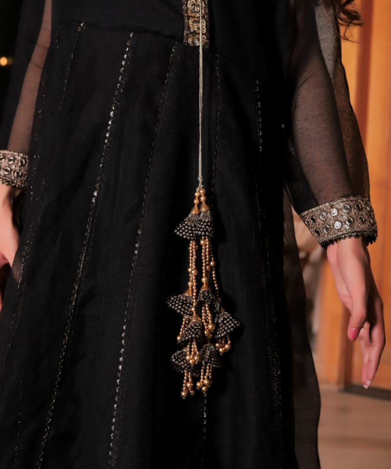 Cotton maxi dress net frock with lace embroidery and tassels
