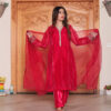 Pure organza frock with embroidered sleeves, embellished neckline, raw silk trousers, and soft organza dupatta