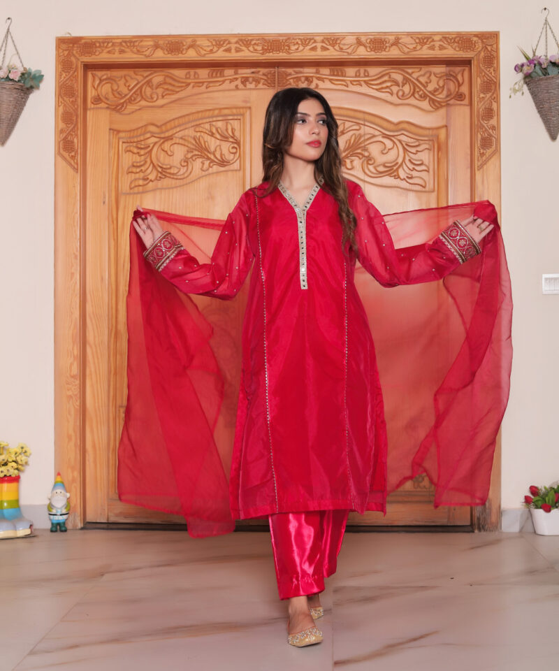 Pure organza frock with embroidered sleeves, embellished neckline, raw silk trousers, and soft organza dupatta